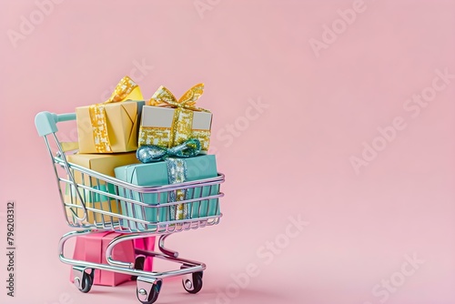Colorful gift boxes in a shopping cart against a pastel pink background. Concept Shopping, Gifts, Colorful, Pastel, Pretty