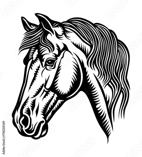 horse engraving black and white outline