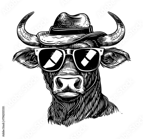 bull wearing sunglasses engraving black and white outline