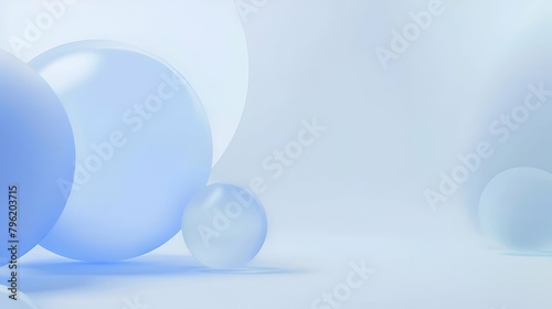 Minimalist pure white background, soft blue gradient is used for product display, there are three translucent spheres of different sizes in the upper right corner, soft lighting, elegant composition, 