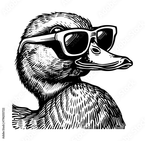 duck wearing sunglasses engraving black and white outline