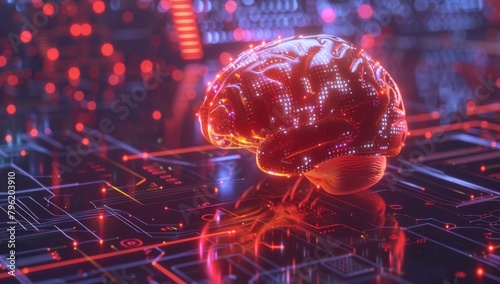 3D rendering of a human brain with a glowing digital circuit background