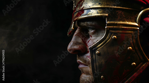 A Roman soldier wearing helmet, face visible, battle scar on his cheek, cinematic, dark background, hyper realistic