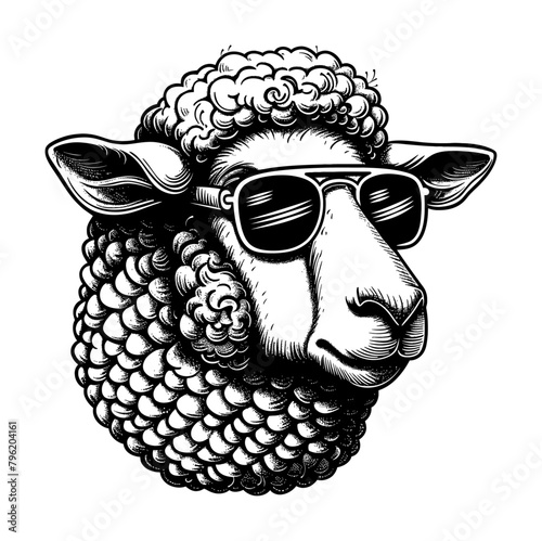 sheep wearing sunglasses engraving black and white outline
