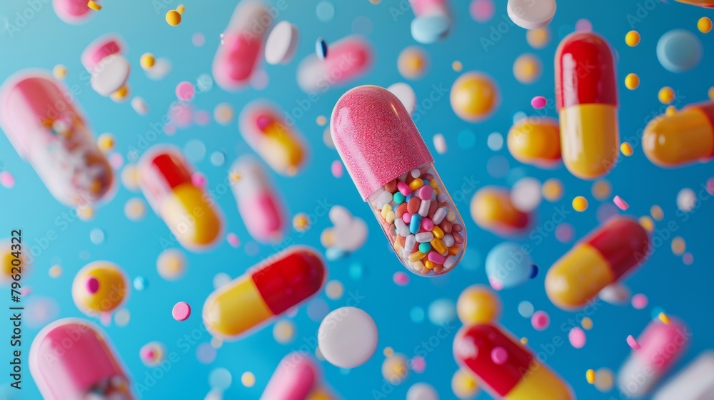 A colorful pill cloud is floating in the air A colorful pill cloud is floating in the air