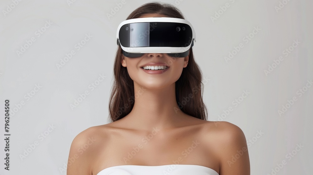 Naklejka premium A woman wearing a virtual reality headset is smiling