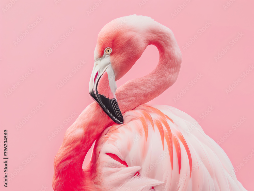 Naklejka premium Close-up of a pink flamingo with feathers and beak on a pink background. Studio wildlife portrait. Beauty in nature and bird watching concept. Design for wildlife poster, educational material.