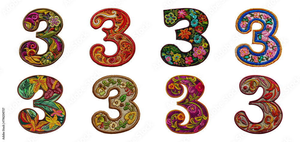 Vibrant embroidered number three collection with floral and tropical themes cut out png on transparent background