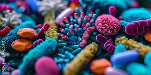 3D depiction of diverse beneficial microbes, including Lactobacillus, Bifidobacteria, and Streptococcus thermophilus. photo
