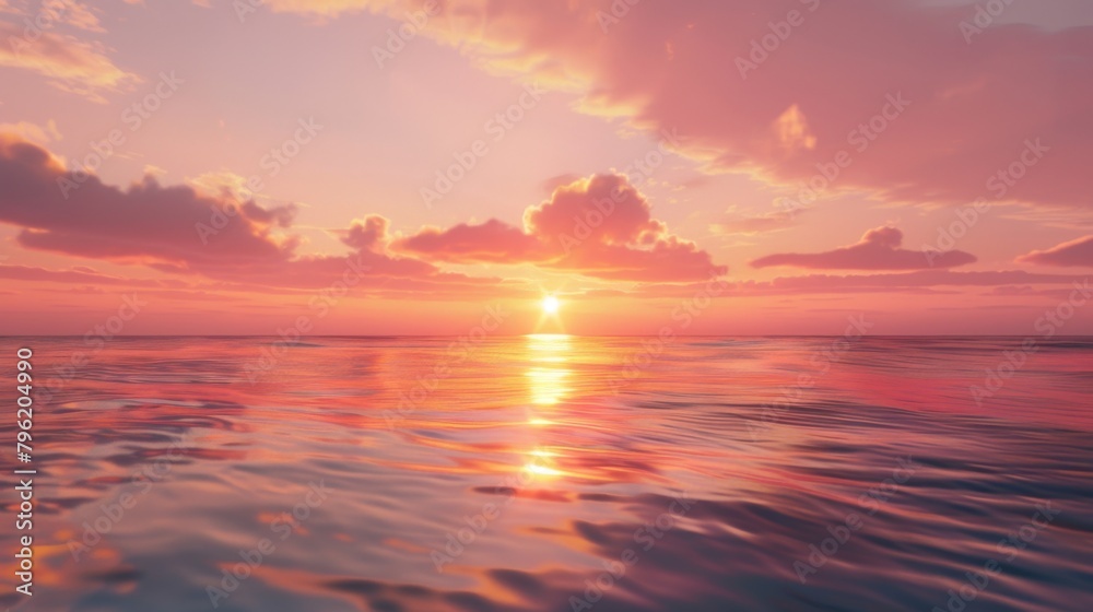 A tranquil coastal scene as the sun rises over the horizon, casting a golden reflection on the calm waters and painting the sky in hues of pink and orange.