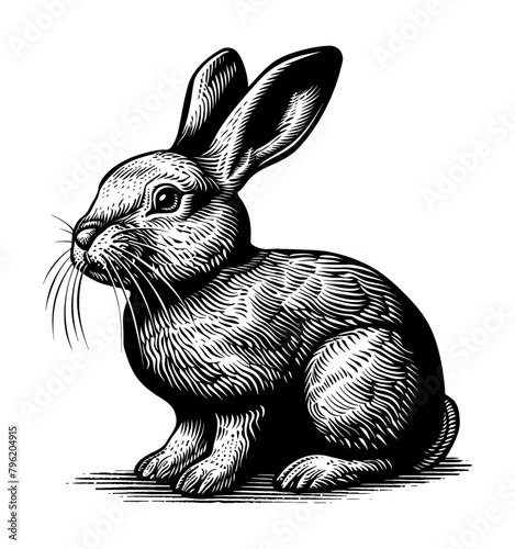 rabbit engraving black and white outline