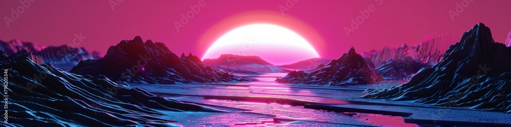 futuristic neon landscape with glowing sunset and reflective mountain terrain