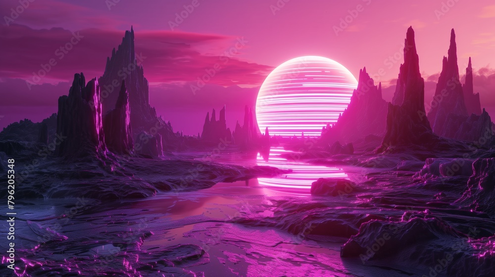 surreal neon landscape with glowing purple sunset and reflective alien terrain