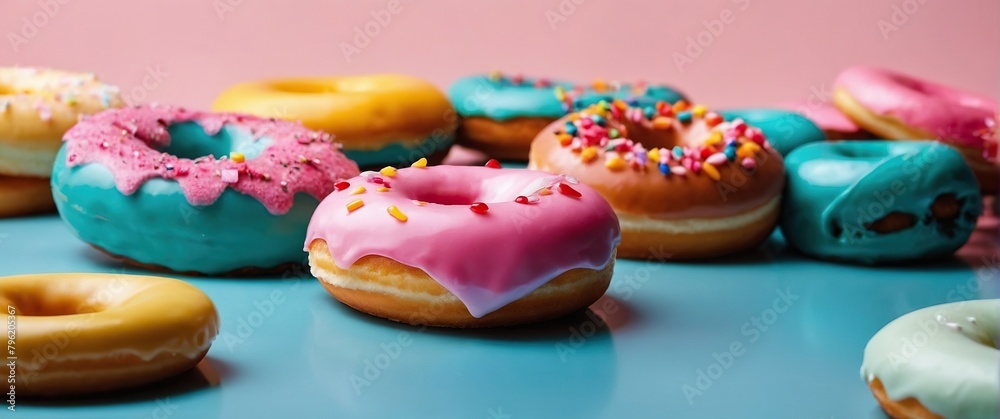 Donuts in multi-colored glaze on a bright background. A work of art from a pastry genius! Donuts in multi-colored glaze on a bright background. A work of art from a pastry genius!