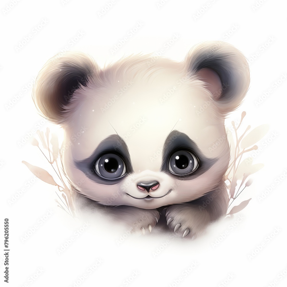 A cute cartoon baby panda with big eyes and fluffy ears.