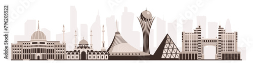 Sights of Astana - capital of Kazakhstan, cityscape, skyscrapers, modern architecture, vector drawing