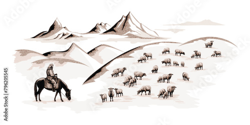 Sketch on the topic of life in Central Asia, a shepherd herding a flock of sheep against a mountain backdrop, vector illustration	