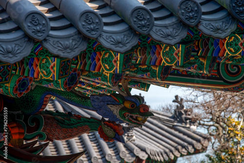 View of the painted eaves in the traditional Korean building photo