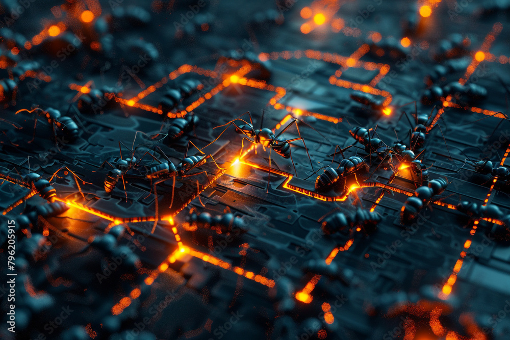 The surreal sight of ants effortlessly navigating through a labyrinth of glowing bitcoin nodes octane render The surreal sight of ants effortlessly navigating through a labyrinth of glowing bitcoin nodes octane render