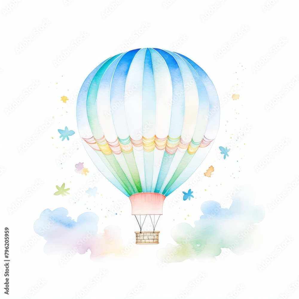 Obraz premium A whimsical watercolor painting of a colorful hot air balloon floating among pastel clouds, evoking a sense of dreamy adventure.