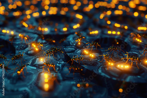 The surreal sight of ants effortlessly navigating through a labyrinth of glowing bitcoin nodes octane render
