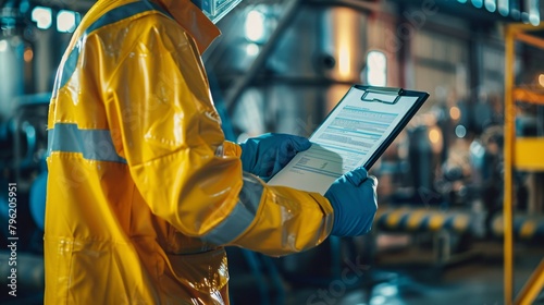 An employee inspects the dangerous substance form in the chemical storage area of a factory, prioritizing safety.