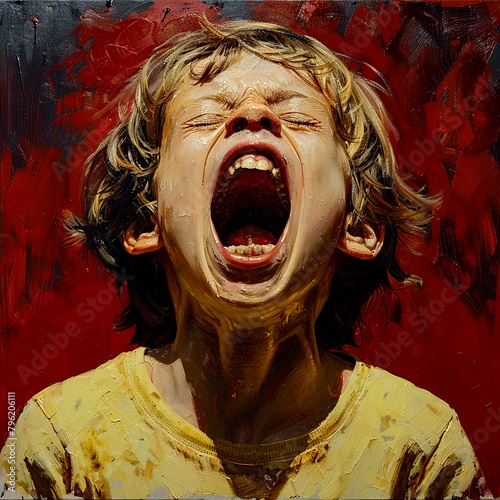 Painting of boy with his mouth open and his mouth wide open.