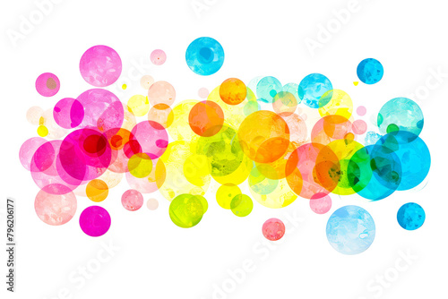 Group of multicolored circles on white background with space for text.