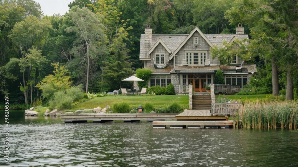 Obraz premium A tranquil lakeside retreat with a charming cottage and a dock where pets and their owners enjoy leisurely strolls and refreshing swims in the water.