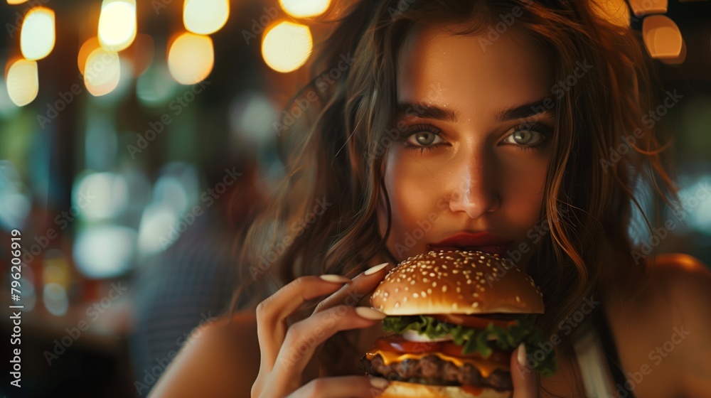 Close-up portrait of a young woman with striking blue eyes, eating a hamburger in a dimly lit setting. Close-up portrait of a young woman with striking blue eyes, eating a hamburger in a dimly lit setting.