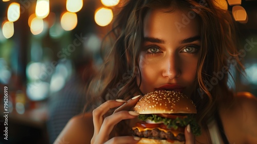 Close-up portrait of a young woman with striking blue eyes  eating a hamburger in a dimly lit setting.