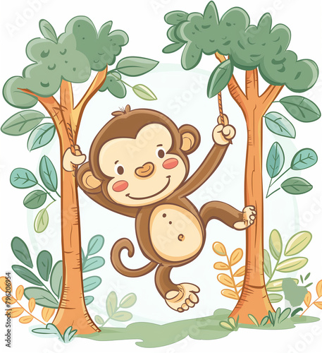 A Playful Monkey Swinging from Tree to Tree in a Lush Jungle  Flat Color Illustration on White Background  Clip Art for Kids