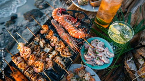 A tropical beachside barbecue with skewers of grilled shrimp, fish fillets, and lobster tails, paired with icy cocktails photo
