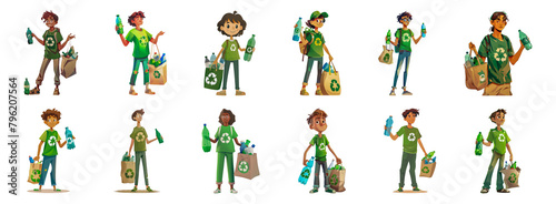 Animated characters promoting recycling with eco-friendly bags and bottles cut out png on transparent background