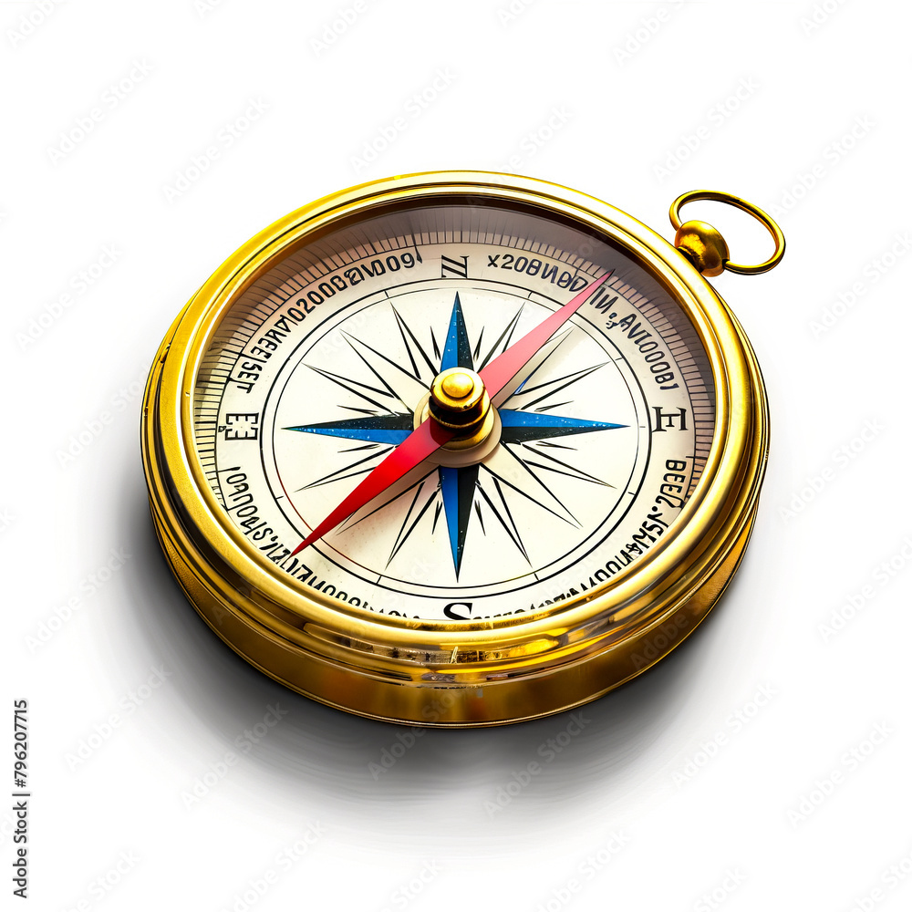 Gold compass on white background with clipping path to the right.