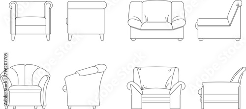 vector illustration design sketch drawing of family room furniture relaxing sofa chair in home interior 