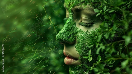 Sustainable nature conservation in agreement with nature concept with human face covered in green leaves and vines Breathing in the fresh, natural air Cherish and be aware of Save nature. © Sittipol 