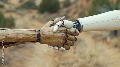 Two different robotic hands reaching out to each other against a desert background photo