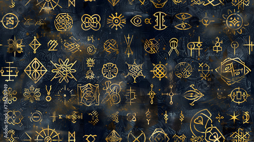 seamless pattern of celestial and occult symbols in gold on a navy blue background. The design is perfect for conveying themes of astrology, mystery, and ancient wisdom. photo