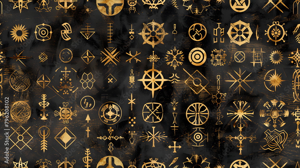 This striking image depicts a seamless pattern of golden occult symbols on a distressed black background. It's ideal for designs related to mysticism, secret societies, and historical symbolism
