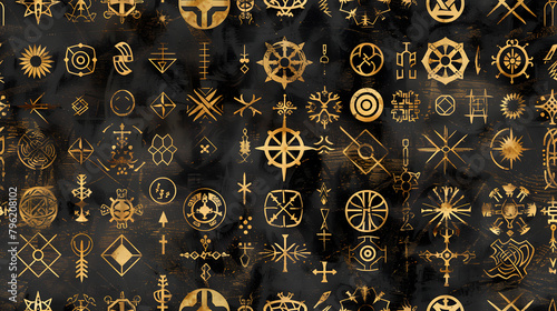 This striking image depicts a seamless pattern of golden occult symbols on a distressed black background. It's ideal for designs related to mysticism, secret societies, and historical symbolism