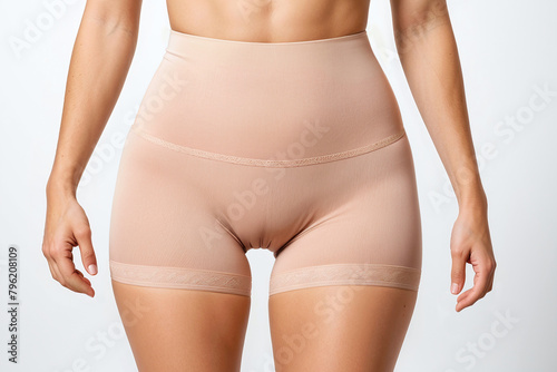 A woman wearing a tight beige waist cincher to shape and compress the tummy, making it apprearing smaller. Female with skin color figure shaping undergarment worn as body shaper and thigh slimmer. photo