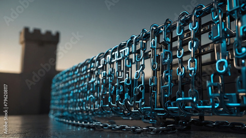 A visual metaphor for the security and transparency of blockchain technology, with a chain of interconnected blocks forming an impenetrable fortress around digital assets. Generated AI.