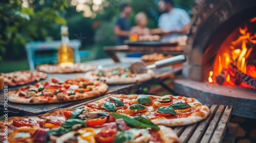 A vibrant outdoor pizza party with friends, pizzas baking in a wood-fired oven