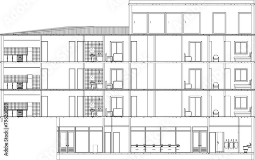Illustrations, design sketches, architectural sections, multi-storey buildings, skyscrapers, hotels, apartments, modern flats