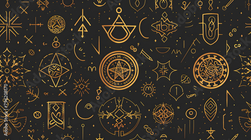 This image showcases a seamless dark background adorned with sacred geometric and occult symbols in golden hues, conveying themes of esoteric knowledge and ancient mysteries