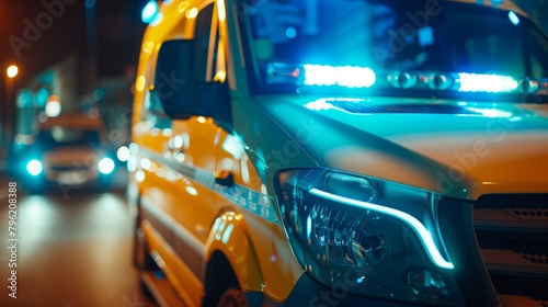 Close-up view of an ambulance with activated blue emergency lights at night. photo