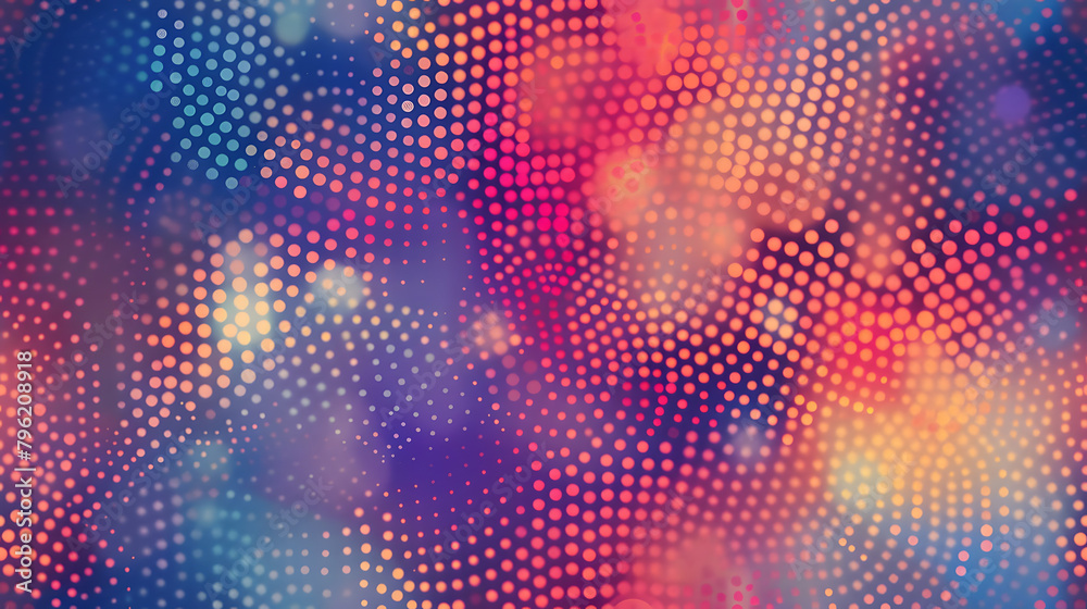 This image presents a seamless pattern featuring radiant neon dots that create a mesmerizing gradient effect, blending vibrant blues and fiery reds, ideal for modern and futuristic designs.