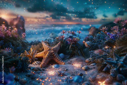 Starfish Amongst Glowing Flowers, Underwater Dreamscape at Dusk