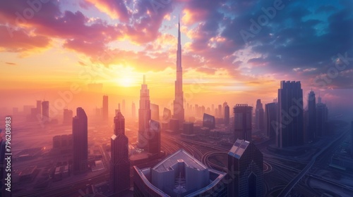 A vibrant sunrise over an urban skyline, illuminating skyscrapers and bustling streets